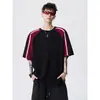 Camiseta de Manga Corta con Bloques de Color Negro y Rojo para Hombre, Estilo Deportivo Casual Americano de Verano, Corte Holgado, Versátil, Manga Tres Cuartos para Pareja