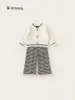 Bangxuan Huzhou Zhili Ropa Infantil Conjunto para Niñas Suéter Cardigan con Lazo Pantalones Casuales Rayados Conjunto de Dos Piezas Infantil