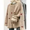 2026 Tricô Jacquard de Inverno Suéter de Gola Redonda Top Preguiçoso Novo Solto Cardigan de Coração Outono Cor Damasco Cinza Escuro