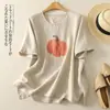 Blusa estampada de algodão e linho de manga curta, manga curta, estilo artístico e vintage, nova coleção de verão, leve, modelagem solta, emagrecedora, camiseta simples, roupas femininas