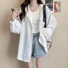Camisa com Capuz Oversized Europeia Solta Protetora Solar Feminina Estilo Simples Cor Sólida Senso de Design Longa Cardigã