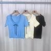 Camiseta Feminina de Verão Nova com Babado Duplo e Laço, Manga Curta, Decote Ombro a Ombro, Doce e Apimentada, Justa, Top Curto