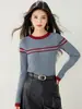 Tricô Listrado com Fio Cardado Color-blocking Elegante Outono/Inverno Novo Ajuste Slim Valorizador Manga Longa Gola Redonda Cor Contrastante Camada Base
