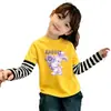 Nova Blusa de Manga Comprida Primavera/Outono para Meninas, Camisa Base Listrada com Estampa de Desenho Patchwork, Camiseta Estilosa de Algodão Puro para Bebê