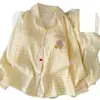 Pijama feminino para comércio exterior no atacado para primavera e outono, com bojo, xadrez de desenho animado estilo japonês, manga longa, calça longa, conjunto de roupa de casa de modelagem solta