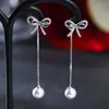 Brincos de Laço Estilo Coreano com Corrente Longa e Pingente de Pérola, Acessórios Doces e Estilosos para Meninas, Brincos Únicos Exclusivamente para Vendas Transfronteiriças