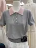 Camiseta de Hombro de Manga Corta con Cuello Polo Gris Estilo Coreano para Mujer Verano Pequeña de Hielo Seda Tejida Top Corto de Solapa Delgado