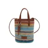 Bolso cubo de paja a rayas de arcoíris estilo coreano, bolso de mano mini simple, bolso bandolera tejido versátil para mujer