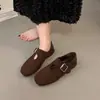Coleção Outono 2026: Mocassins Femininos de Couro com Bico Redondo e Detalhe de Fivela, Sapatos Casuais Planos Estilo Coreano Birkenstock