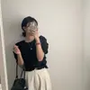 Moda de Verano Diseño de Nicho Texturizado Plisado de Cintura Alta Mangas Abullonadas Cuello Redondo Top Corto
