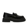 Zapatos de cuero para mujer estilo Grape Mom, punta redonda británica, hebilla dorada Arco del Triunfo, suela gruesa, tacón grueso, mocasines sin cordones