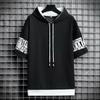Camiseta Estilo Hong Kong Roupas Soltas Masculinas Meninos Manga Curta Ins Tendência Verão Manga Três Quartos Tops com Capuz Marca da Moda Masculina