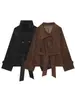 Colección nueva de otoño/invierno para mujer transfronteriza de Amazon: Estilo europeo y americano, chaqueta corta de moda con cuello texturizado y cinturón para ceñir la cintura