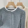 Ropa de Punto de Cuello Redondo para Mujer 2025 Nueva Ropa de Mujer Tejido de Punto Afelpado con Falso Enlace Contrastante Top Chaqueta con Cintura Abotonada Estilo Coreano