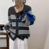 Cardigã de tricô listrado com blocos de cor, macio e aconchegante, estilo coreano, para mulheres, novo suéter casaco de manga longa solto para outono e inverno