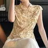 Nuevo top floral sin mangas estilo chino para mujer, cuello mao modificado, tapeta diagonal con cierre de botones, pliegues laterales, corte ajustado, camisa tipo camisola de estilo chino tradicional