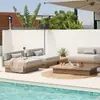 Villa exterior de estilo nórdico, sofá de teca, juego de muebles de jardín para patio, terraza de apartamento grande exterior de hotel, cama junto a la piscina