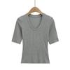 FS580-25 Primavera Nuevo Estilo Europeo y Americano Blogger INS Cuello en U Cintura Elástica Ajustada Figura Manga Media Camiseta