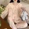Pijama de Algodón Nube para Mujer 2026 Nuevo Set de Ropa para el Hogar de Manga Larga con Estampado Floral Pequeño Estilo Coreano, Cuello de Muñeca Dulce
