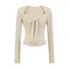 Camiseta de Manga Longa com Gravata Borboleta para Mulheres, Camisa Base Doce e Sexy de Caimento Justo, Roupa Íntima Estilo Pura Luxúria, Top de Gola Quadrada Slim