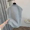 Cardigan Camisa Sem Manga Gola Colarinho Cinza Claro Algodão Linho Feminino Verão Novo Estilo Petite Fashionável Elegante Top de Ráfia