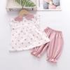 Ropa de Verano 2025 Traje para Niñas Vestido de Manga Corta con Solapa, Flor y Puntos para Niña Pantalón Tres Cuartos Conjunto de Dos Piezas Venta al por Mayor