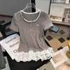 Camiseta de Manga Corta con Encaje Estilo Ballet para Mujer en Verano, Corte Slim, Top Chic Único y Super Lindo