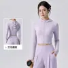 Jaqueta de yoga com zíper e capuz estilo europeu e americano para mulheres, jaqueta curta fitness slim fit, top esportivo para Pilates