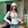 Camiseta de manga longa com zíper duplo e estampa de letras estilo coreano para mulheres, outono, slim fit, valoriza a silhueta, top cardigã curto 26282