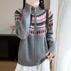 Tejido de punto de lana pura para mujer, nuevo modelo otoño/invierno 2026, siete puntos engrosados, cuello redondo semialto, chaqueta jacquard con doble cremallera