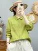 Camisa de manga larga de gasa de algodón de doble capa estilo japonés para mujer, suave y amigable con la piel, algodón puro, diseño de cuello alto, top con bolsillo grande