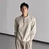 Estilo Americano Cleanfit Costurado à Mão Gola Henry Gola Redonda Tricô Unissex Tendência Solto Retrô Top Camiseta de Manga Longa Peça para Camada