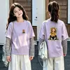 Camiseta listrada estilosa de manga comprida para meninas, nova coleção primavera/outono, top de algodão estampado casual para meninas pequenas e mais velhas