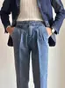 Jeans Rectos de Moda Estilo Italiano Nápoles para Hombre, Pantalones de Vestir Lavados con Doble Pinza de Cintura Alta Retro Británico