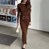 Conjunto de dos piezas de top y falda de manga larga con cuello redondo, estilo europeo y americano, otoño e invierno 2024, sexy y elegante.