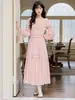 Vestido Largo de Encaje con Cordones en la Cintura para Mujer, Estilo Nuevo Primavera y Otoño 2026, Encaje Teñido Personalizado Exquisitamente Elaborado, Manga Larga, Estilo Hada