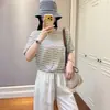 Camiseta Listrada Colorida Intelectual! Estilo Coreano Caimento Solto Três Cores Bloco de Cores Retrô Listras Finas Malha Manga Curta Camiseta Verão H072303