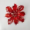 Flor Navideña Artificial Calada de 15 cm Decoración para Árbol de Navidad Hoja de Arce Lentejuelas Accesorios Flor de Plástico Flor con Lentejuelas y Polvo Dorado