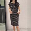 Vestido de punto con cuello tipo polo a rayas de color contrastante para mujer, suelto, adelgazante, rejuvenecedor, estilo perezoso, estilo coreano, ropa de vacaciones