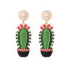 Pendientes largos de aleación con forma de gota de aceite y perlas de imitación de cactus, estilo europeo y americano, elegantes y con personalidad, con flores de esmalte para mujer.