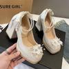 Zapatos de tacón alto de suela gruesa para mujer, tacón grueso, plataforma impermeable, punta cuadrada, niño único, cheongsam Hesu, vestido de novia, zapatos de boda de doble uso, zapatos de novia
