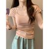 Camiseta de Punto de Seda Helada de Cuello Cuadrado y Manga Corta para Mujer, Verano, Nuevo Estilo Occidental, Reductora de Edad, Delgada, Ajustada, Adelgazante, Top de Moda