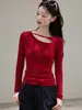 260g Seda Ecológica Design Sedutor com um Toque Sutil de Elegância, Camiseta com Decote Assimétrico Vazado para Mulheres, Manga Longa Top de Outono