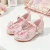 Sapatos de princesa borboleta para meninas de fronteira, coleção primavera/outono, saltos altos de cristal com lantejoulas para crianças, sapatos de festa para apresentações de meninas