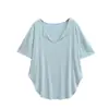 Camiseta casual de manga corta con cuello en V y dobladillo curvo, nueva moda de verano, holgada y estilizada, top de longitud media para mujer