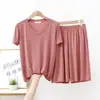 Traje de dos piezas para mujer, verano 2023, nuevo, modal, talla grande, cuello en V, fino, para casa, ropa exterior, casual, color liso