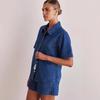 Estilo Casual 2025 Verão Novo Exportação Transfronteiriça Lavado Retrô Cor Sólida Manga Curta Camisa Shorts Conjunto Jeans para Mulheres