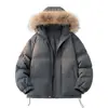 Jaqueta de algodão com capuz e gola grande de pelo para o inverno para casais, jaqueta puffer de corte solto com barra ajustável por cordão, jaqueta de algodão à prova de frio masculina