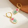 Pendientes de aro con colgante de flor de rosa vintage de goteo de aceite transfronterizos de moda, pendientes colgantes de flor ovalada de acero inoxidable chapado en oro