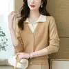Suéter de punto falso de dos piezas con cuello polo para mujer, nuevo color de otoño e invierno, bloques de color, ajuste ceñido, cálido, estilo coreano, top corto básico